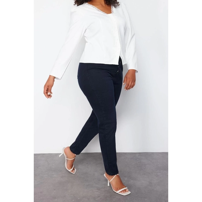 Moda Büyük Beden V Yaka Dokuma Fit Düz Desen Casual Günlük Regular Uzun Kol Bluz
