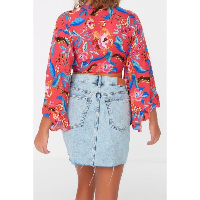 Moda V Yaka Dokuma Fit Düz Desen Plaj Crop Truvakar Kol Kol Bluz