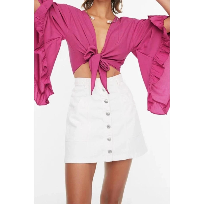 Moda V Yaka Dokuma Fit Düz Desen Plaj Crop Truvakar Kol Kol Bluz