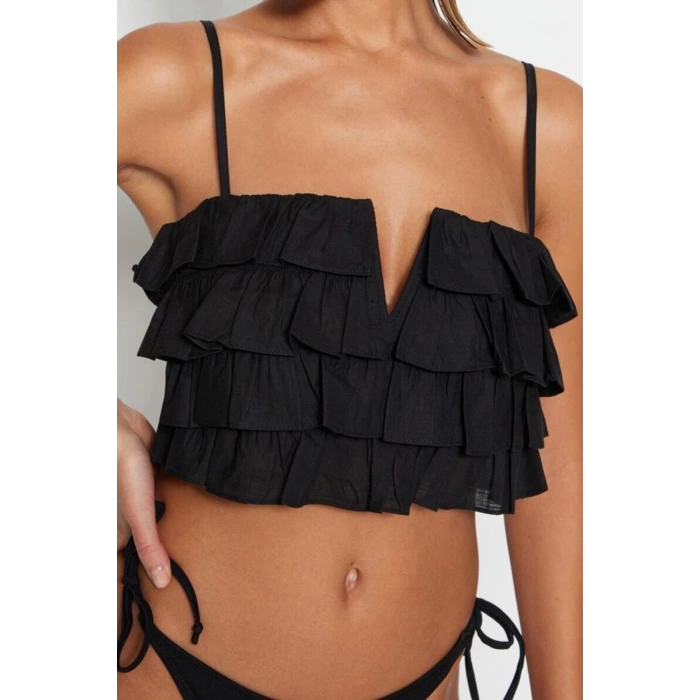 Fashion V Neck Woven Regular Plain Pattern Beach Crop Strappy Sleeve Blouse