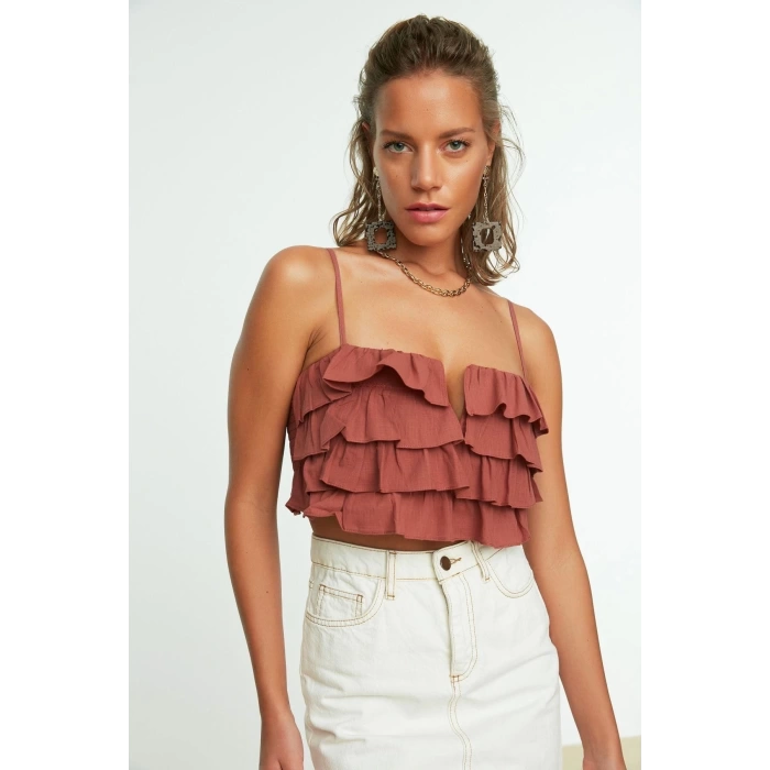 Fashion V Neck Woven Regular Plain Pattern Beach Crop Strappy Sleeve Blouse