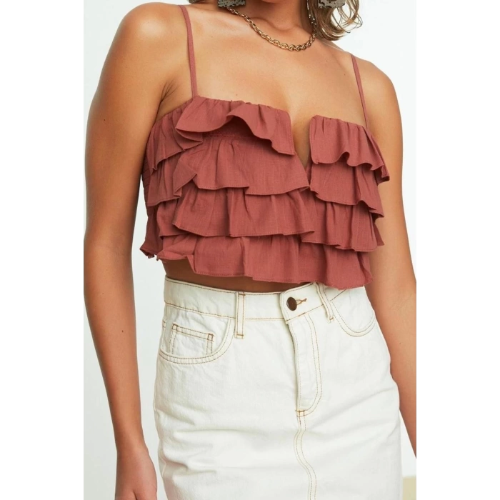 Fashion V Neck Woven Regular Plain Pattern Beach Crop Strappy Sleeve Blouse