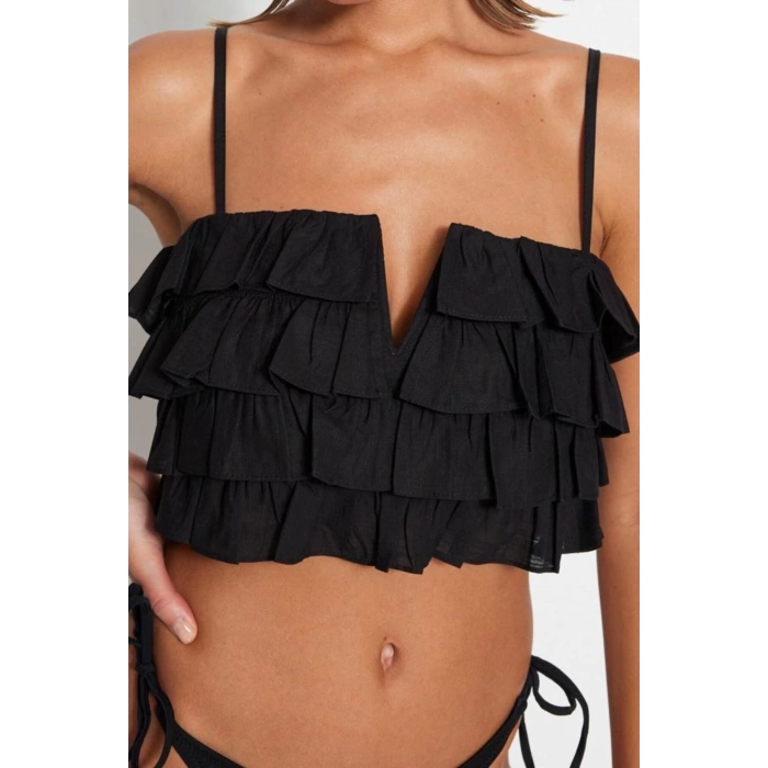 Fashion V Neck Woven Regular Plain Pattern Beach Crop Strappy Sleeve Blouse
