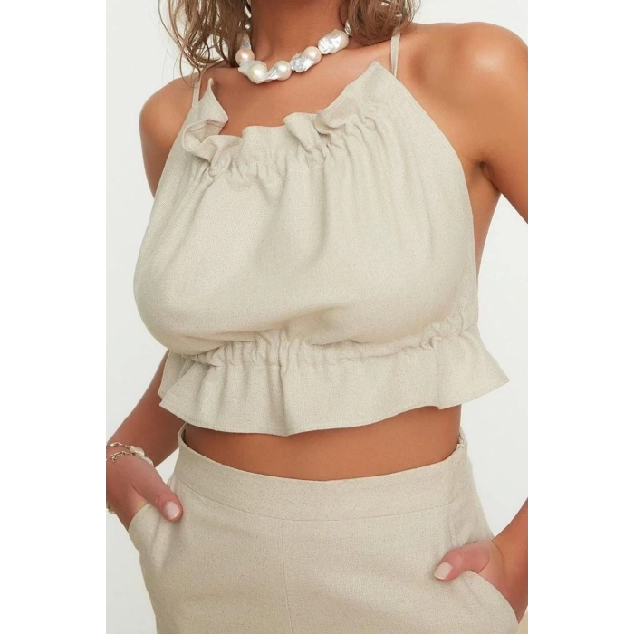 Fashion Crew Neck Woven Regular Plain Pattern Beach Crop Sleeveless Blouse