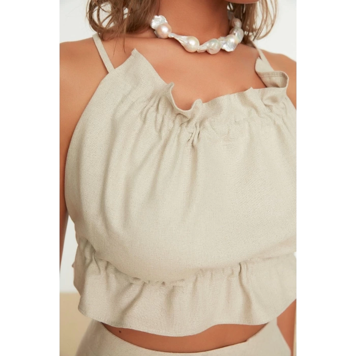 Fashion Crew Neck Woven Regular Plain Pattern Beach Crop Sleeveless Blouse
