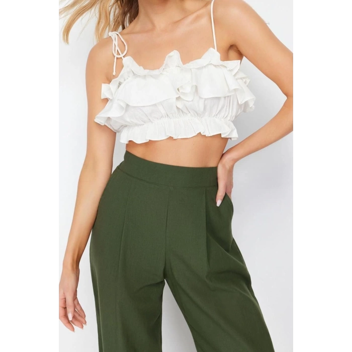 Moda Straplez Dokuma Slim Fit Düz Desen Plaj Crop Askılı Kol Bluz