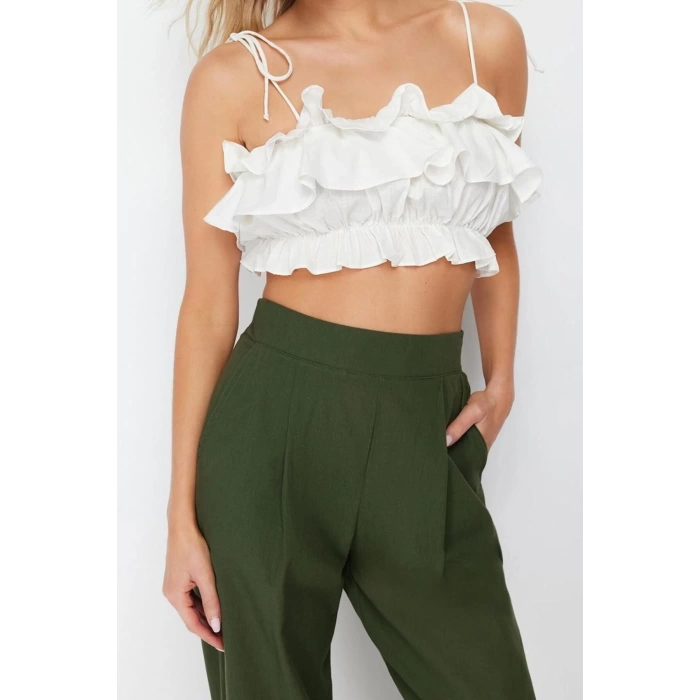 Moda Straplez Dokuma Slim Fit Düz Desen Plaj Crop Askılı Kol Bluz