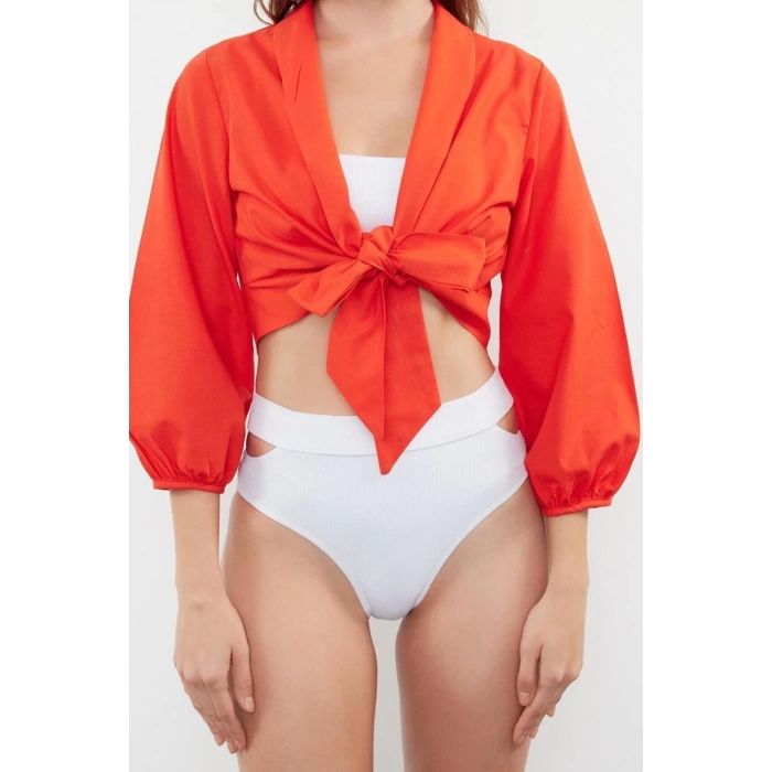 Fashion V Neck Woven Relaxed Plain Pattern Beach Crop Long Sleeve Blouse