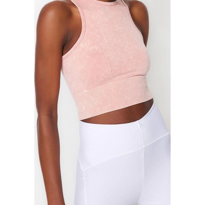 Fashion Halter Neck Knitted Fit Plain Pattern Sportswear Crop Sleeveless Blouse