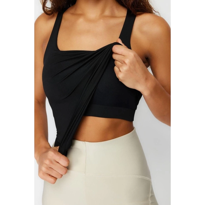 Fashion Square Collar Knitted Fit Plain Pattern Sportswear Regular Strappy Sleeve Blouse