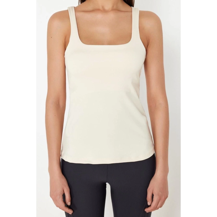 Fashion Square Collar Knitted Fit Plain Pattern Sportswear Regular Strappy Sleeve Blouse