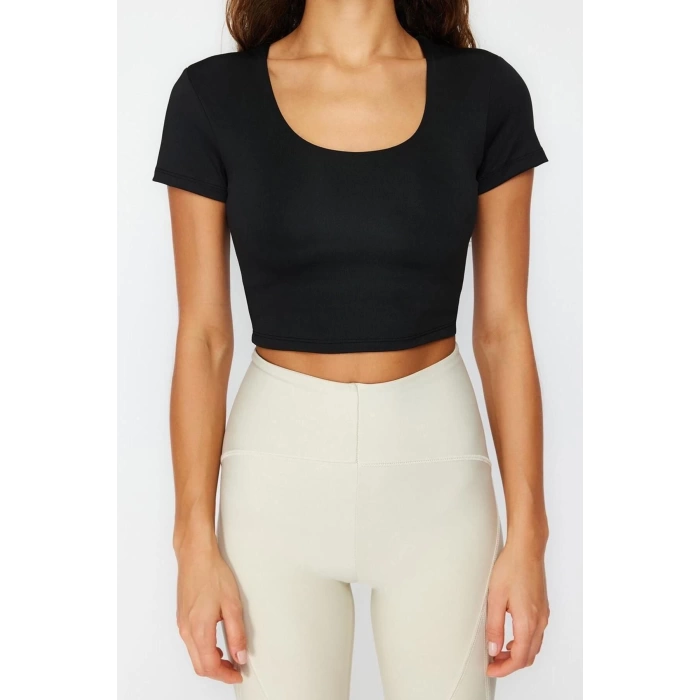 Fashion Square Neck Knitted Fit Plain Pattern Sportswear Crop Short Sleeve Blouse