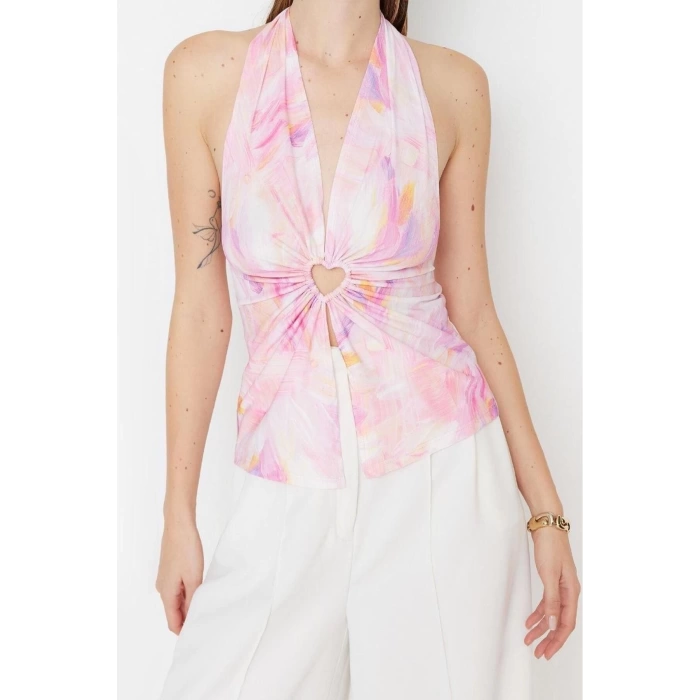 Fashion V Neck Knitted Regular Abstract Pattern Chic Evening Crop Sleeveless Blouse