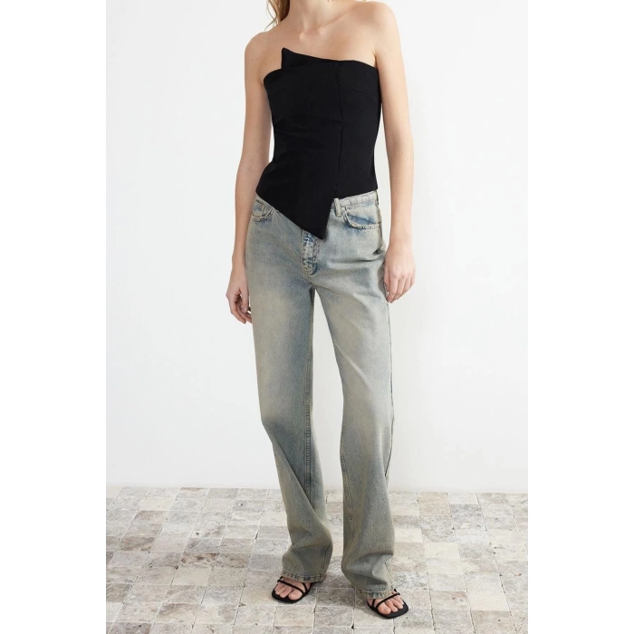 Moda Straplez Dokuma Fit Düz Desen Şık gece Regular Kolsuz Bluz