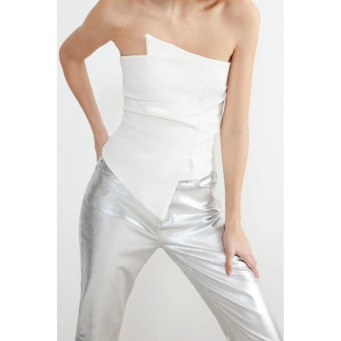 Moda Straplez Dokuma Fit Düz Desen Şık gece Regular Kolsuz Bluz