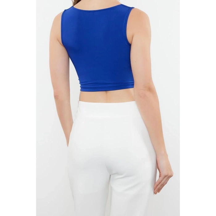 Moda Kalp Yaka Örme Fit Düz Desen Şık gece Crop Askılı Kol Bluz
