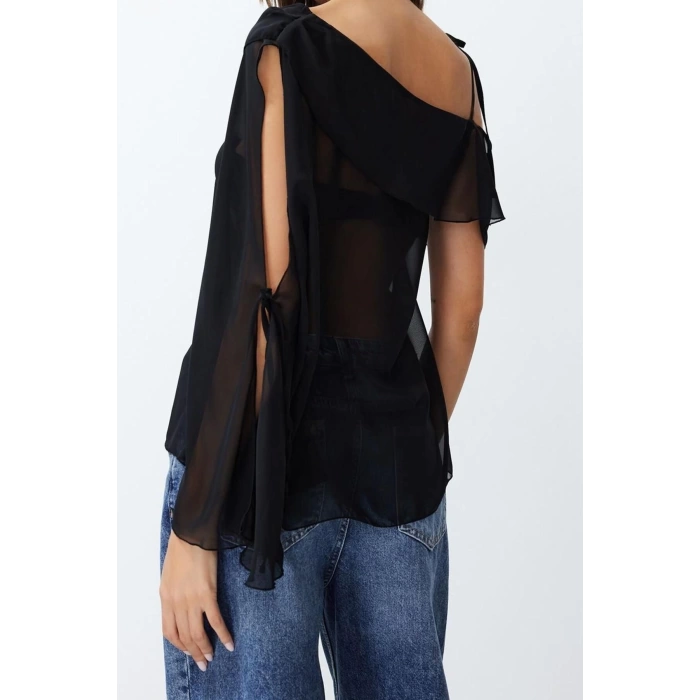 Moda Asimetrik Yaka Dokuma Fit Düz Desen Şık gece Regular Kısa Kol Bluz