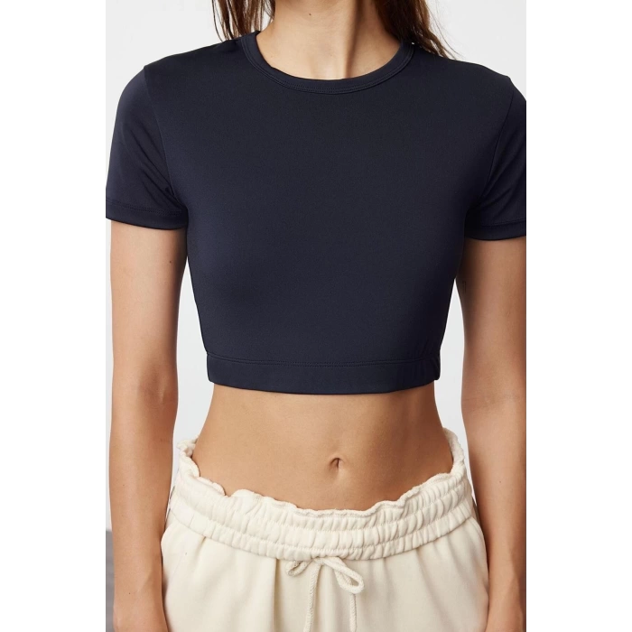 Fashion Crew Neck Knitted Fit Plain Pattern Sportswear Super Crop Short Sleeve Blouse