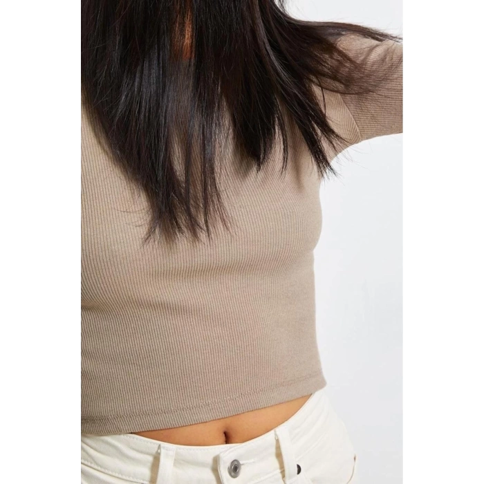 Moda Bisiklet Yaka Örme Slim Düz Desen Casual Günlük Crop Uzun Kol Bluz