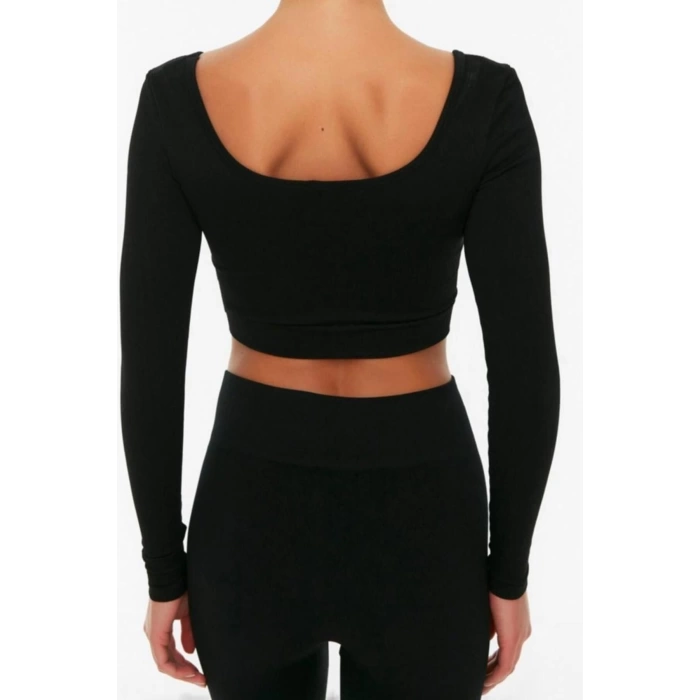 Moda Kare Yaka Örme Fit Düz Desen Sportswear Crop Uzun Kol Bluz