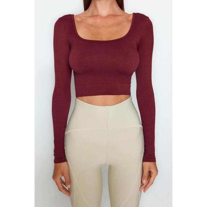 Moda Kare Yaka Örme Fit Düz Desen Sportswear Crop Uzun Kol Bluz
