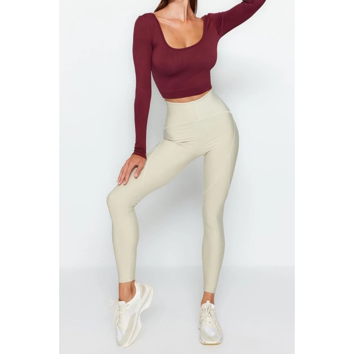 Moda Kare Yaka Örme Fit Düz Desen Sportswear Crop Uzun Kol Bluz
