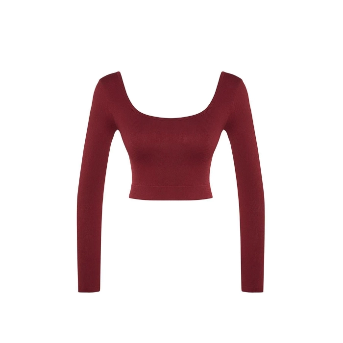 Moda Kare Yaka Örme Fit Düz Desen Sportswear Crop Uzun Kol Bluz