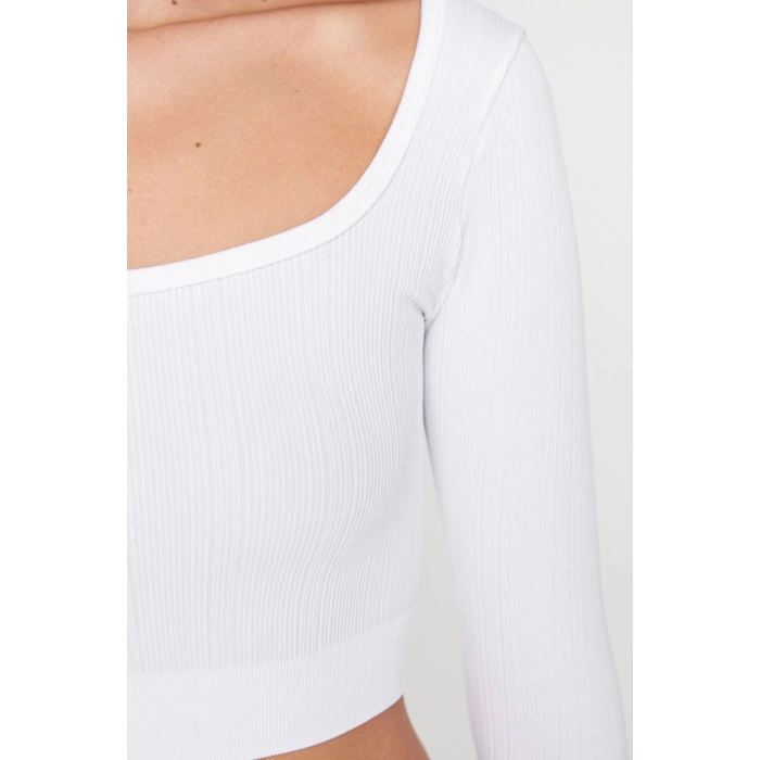 Moda Kare Yaka Örme Fit Düz Desen Sportswear Crop Uzun Kol Bluz