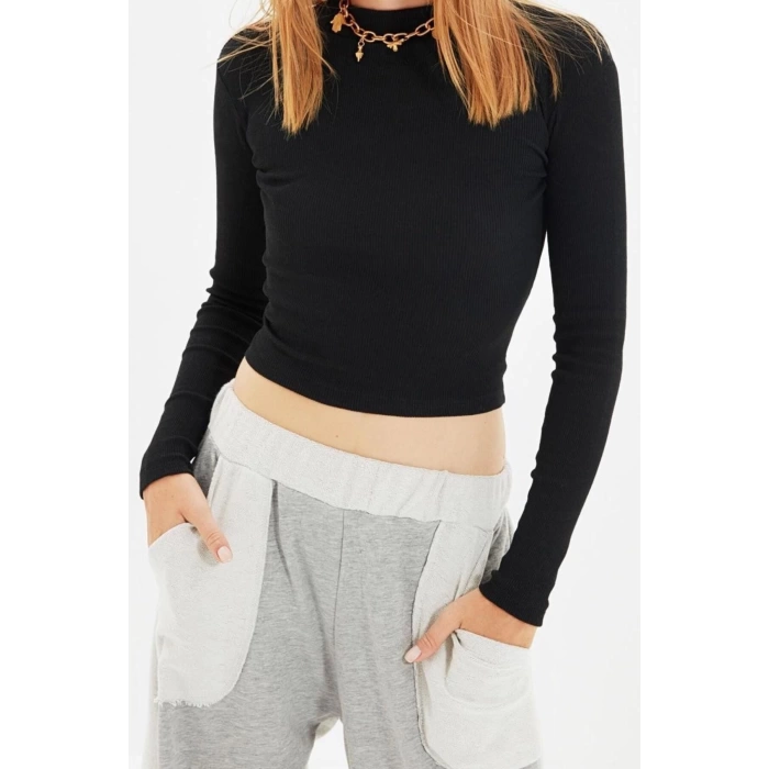 Moda Bisiklet Yaka Örme Slim Fit Düz Desen Casual Günlük Crop Uzun Kol Bluz