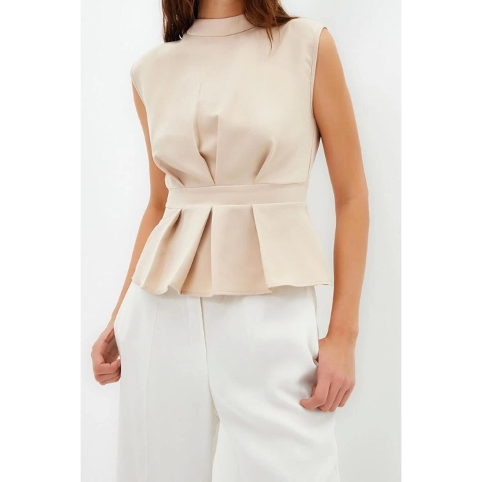 Moda Bisiklet Yaka Dokuma Fit Düz Desen Resmi Regular Kolsuz Bluz