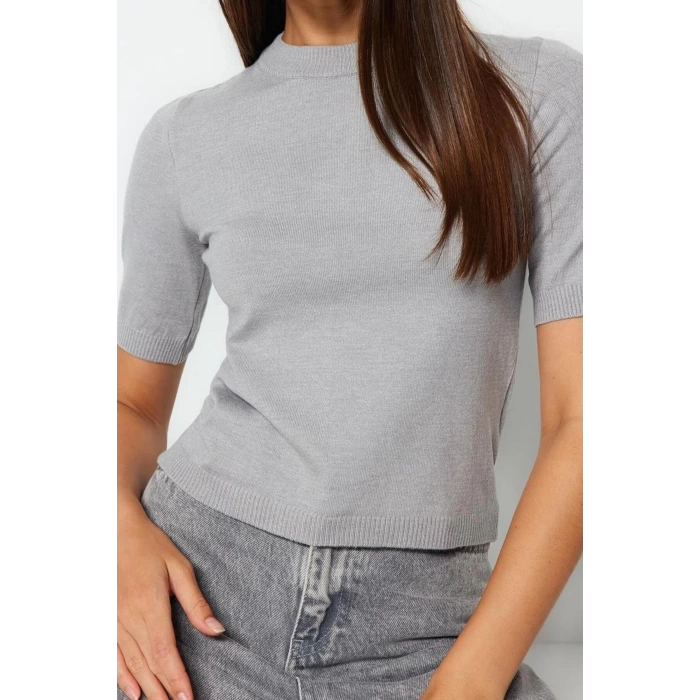 Moda Bisiklet Yaka Triko Regular Düz Desen Casual Günlük Crop Kısa Kol Bluz