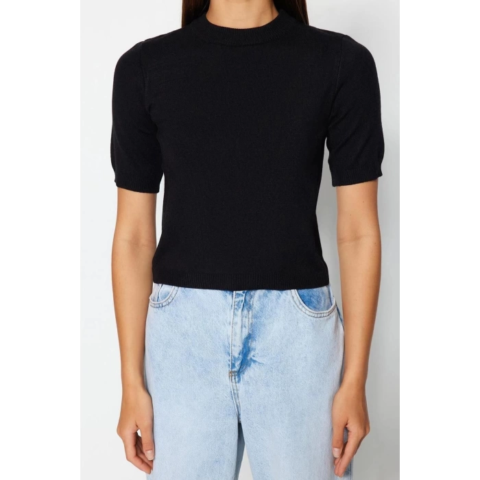 Moda Bisiklet Yaka Triko Regular Düz Desen Casual Günlük Crop Kısa Kol Bluz