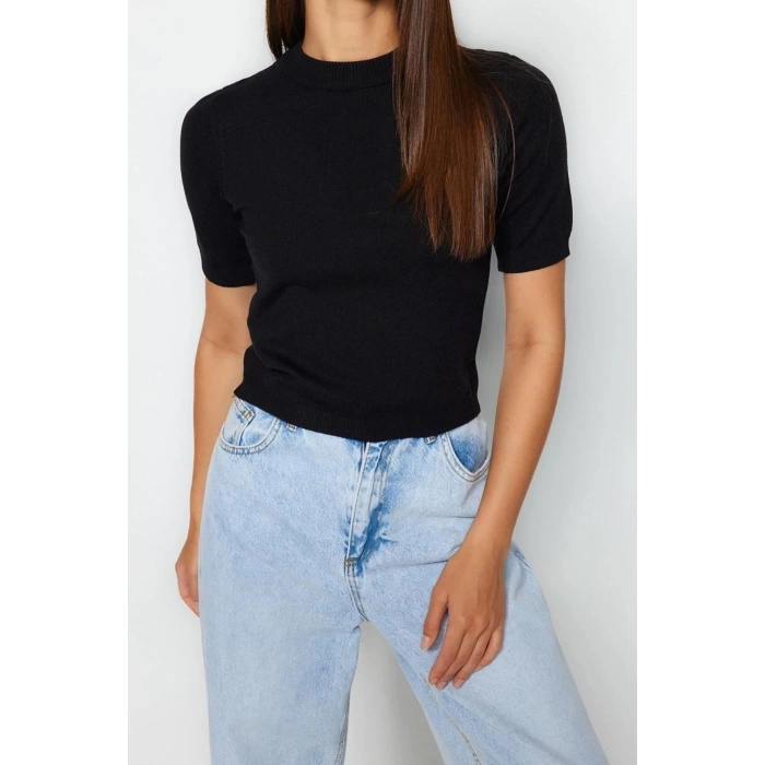 Moda Bisiklet Yaka Triko Regular Düz Desen Casual Günlük Crop Kısa Kol Bluz