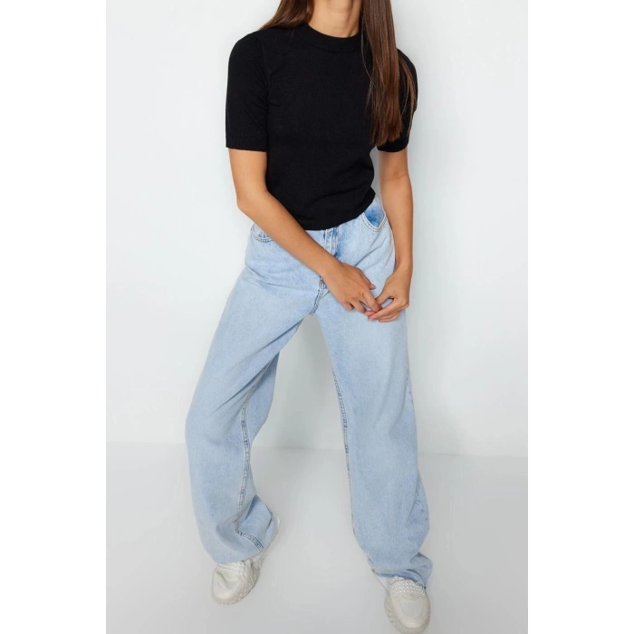 Moda Bisiklet Yaka Triko Regular Düz Desen Casual Günlük Crop Kısa Kol Bluz