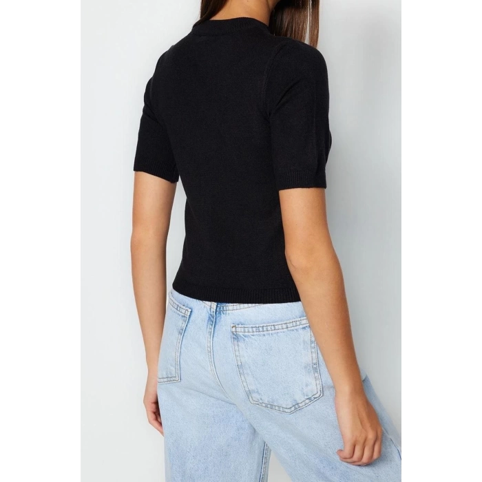 Moda Bisiklet Yaka Triko Regular Düz Desen Casual Günlük Crop Kısa Kol Bluz