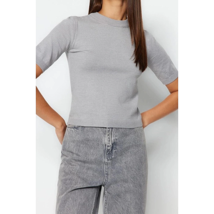 Moda Bisiklet Yaka Triko Regular Düz Desen Casual Günlük Crop Kısa Kol Bluz