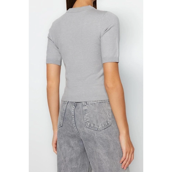 Moda Bisiklet Yaka Triko Regular Düz Desen Casual Günlük Crop Kısa Kol Bluz