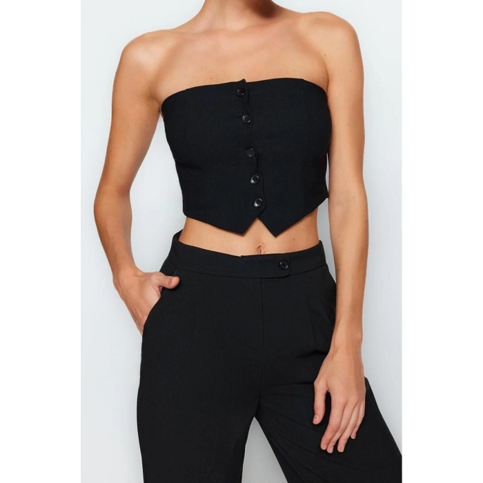 Fashion Square Collar Woven Fit Plain Pattern Casual Daily Crop Sleeveless Blouse