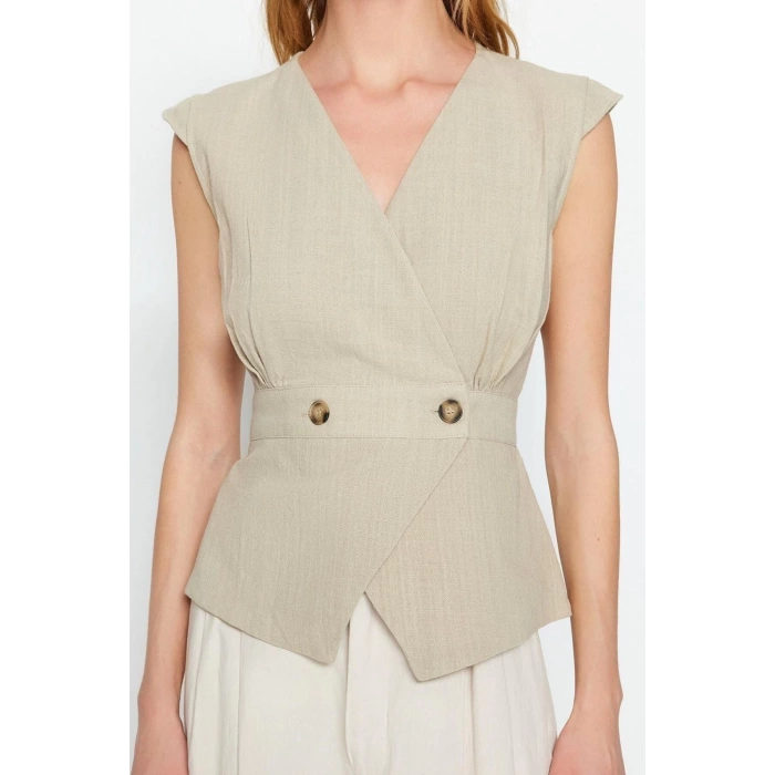 Fashion Double Breasted Woven Fit Plain Pattern Casual Daily Regular Sleeveless Blouse