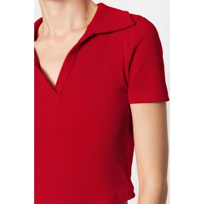 Fashion Polo Collar Knitted Slim Slogan Pattern Casual Daily Crop Short Sleeve Blouse
