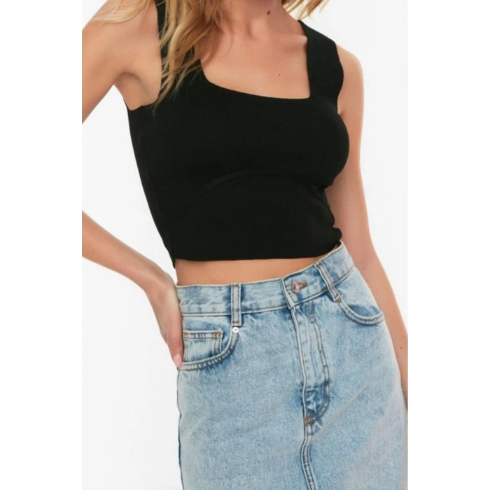 Fashion Square Neck Knitwear Slim Fit Plain Pattern Casual Daily Super Crop Strappy Sleeve Blouse