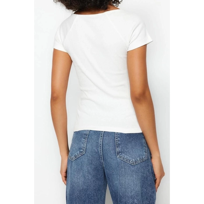 Fashion Heart Neck Knitted Fit Plain Pattern Casual Daily Regular Short Sleeve Blouse