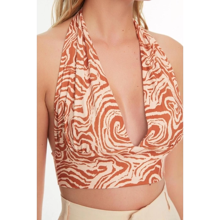 Fashion Halter Neck Knitted Slim Abstract Pattern Casual Daily Super Crop Sleeveless Blouse