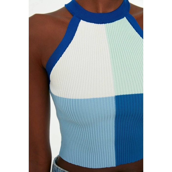 Fashion Halter Neck Knitwear Slim Color Block Pattern Casual Daily Crop Sleeveless Blouse