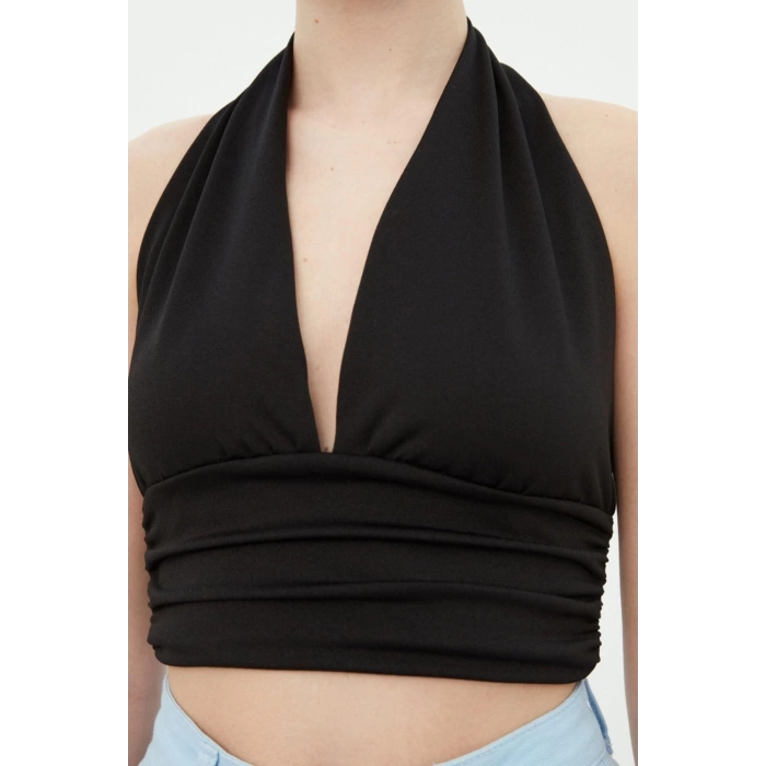 Fashion Halter Neck Knitted Slim Plain Pattern Casual Daily Crop Sleeveless Blouse