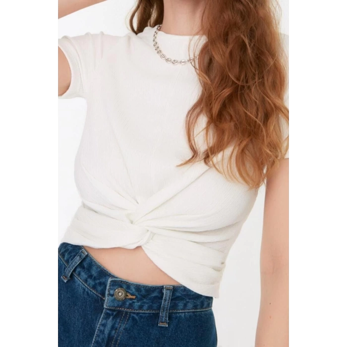 Fashion Crew Neck Knitted Slim Plain Pattern Casual Daily Crop Short Sleeve Blouse