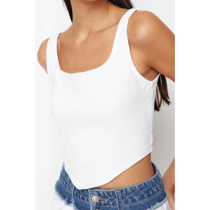 Fashion Square Collar Denim Regular Plain Pattern Casual Daily Crop Strappy Sleeve Blouse