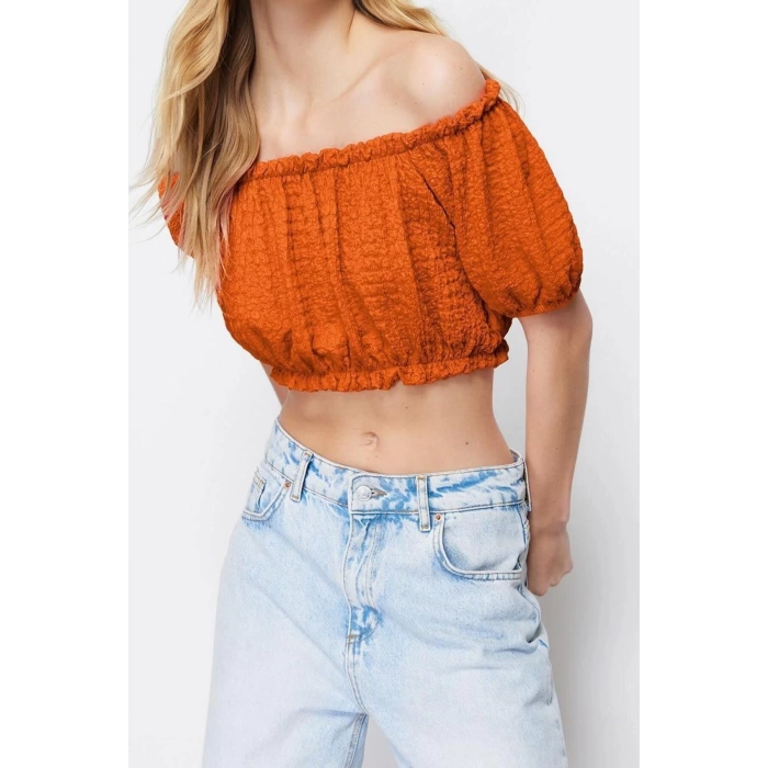Fashion Carmen Collar Knitted Regular Plain Pattern Casual Daily Crop Short Sleeve Blouse