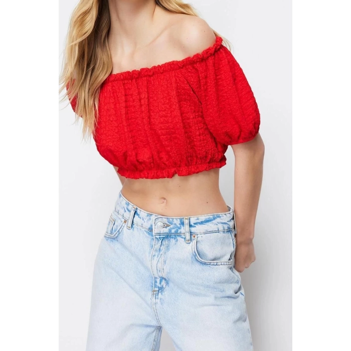Fashion Carmen Collar Knitted Regular Plain Pattern Casual Daily Crop Short Sleeve Blouse