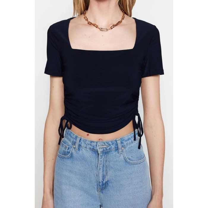 Fashion Square Collar Knitted Slim Fit Plain Pattern Casual Daily Crop Short Sleeve Blouse